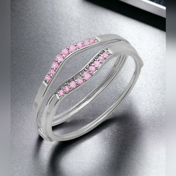 Womans White Gold Pink Sapphire Wedding Band Set (2) - Picture 3 of 10